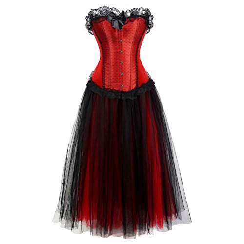 Damen Korsett Kleid lang Tutu Corsagenkleid Bustier Spitzen Corsage zum schnüren Rock Halloween Burlesque Schwarz rot 2XL von Josamogre