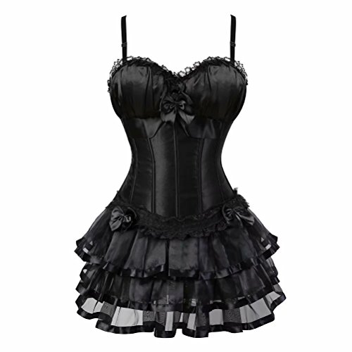 Josamogre Damen vollbrust sexy corsage kleid kurz korsett mit träger strapse spitze schnürmieder burlesque gothic Schwarz 2XL von Josamogre