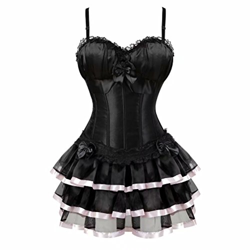 Damen Vollbrust sexy Corsage Kleid kurz Korsett mit träger Strapse Spitze schnürmieder Burlesque Gothic Schwarz Rosa L von Josamogre