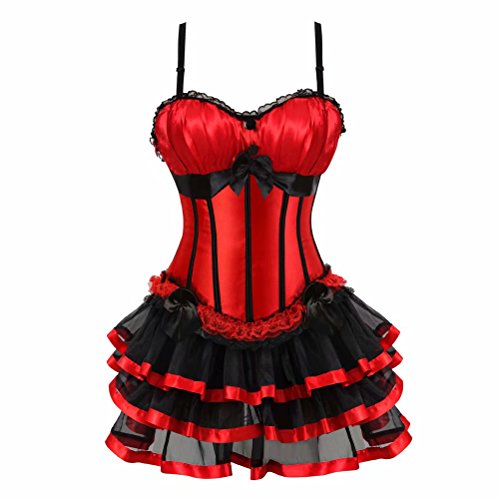 Damen Vollbrust sexy Corsage Kleid kurz Korsett mit träger Strapse Spitze schnürmieder Burlesque Gothic rot 5XL von Josamogre