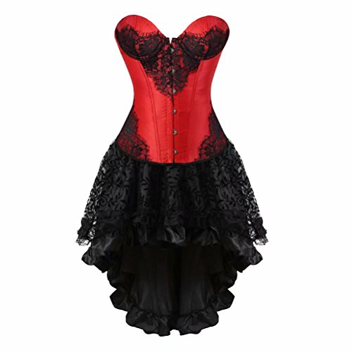 Josamogre Damen sexy korsett kleid elegant Burlesque Corsage Top Corsagenkleid Spitze Rock set Halloween Schwarz Rot m von Josamogre