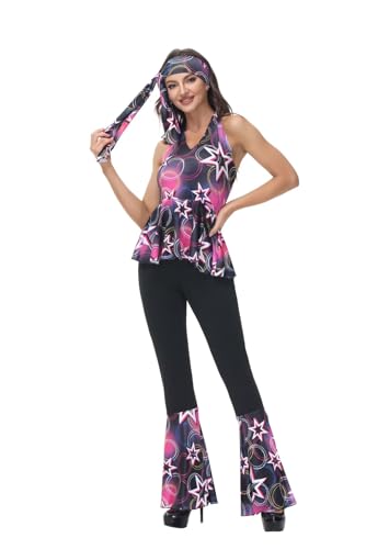 Hippie Kleidung Kostüm Damen Disco Outfit Top und Schlaghose Set 70er 80er 90er Übergröße Halloween Erwachsene Party Rosa Schwarz M von Josamogre