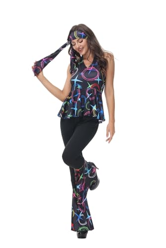 Josamogre 70er Jahre Bekleidung Hippie Kleidung Kostüm Disco Outfit Top und Schlaghose Set 70er 80er 90er Übergröße Halloween Karneval Party Schwarz XL von Josamogre