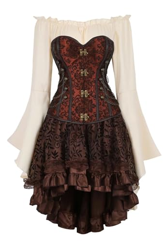 Josamogre Braun Korsett Kleid 3 Set Steampunk Corsage Corsagenkleid Bustier Piraten Kostüm Spitzenrock und Bluse für Karneval Halloween M von Josamogre