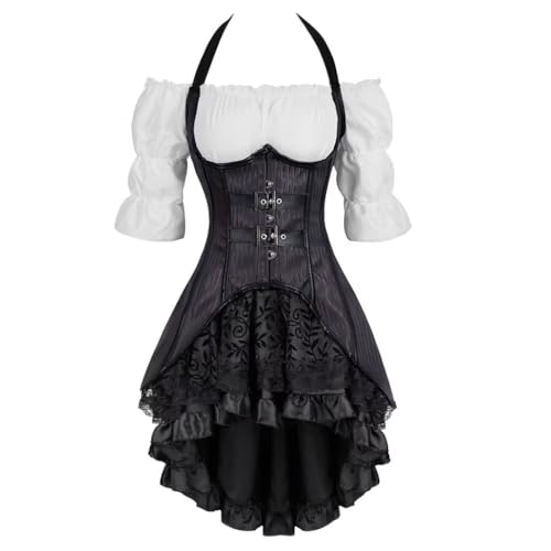 Josamogre Corsage Long Korsett Kleid 3 Set Damen Kostüm mit Piratenkostüm für Karneval Steampunk Fasching Halloween Lila 6XL von Josamogre