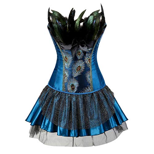 Josamogre Corsagenkleid Feder Korsett KleidCorsage elegant Stickerei Kostüme Pfau halloween kostüm Rock Blau 3XL von Josamogre