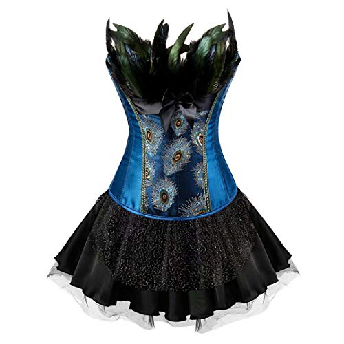 Josamogre Corsagenkleid Feder Korsett KleidCorsage elegant Stickerei Kostüme Pfau Halloween kostüm Rock Blau Schwarz 2XL von Josamogre