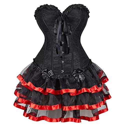 Josamogre Corset Dress Damen Korsett Kleid Rock Corsage Spitze Schnüren Corsagenkleid Vintage Sexy Halloween Rot 3XL von Josamogre