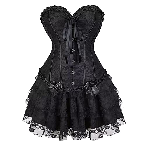 Josamogre Corset Dress Korsett Damen Corsage Kleid Rock Skirt Spitze Schnüren Corsagenkleid Vintage Sexy Halloween Schwarz 2XL von Josamogre