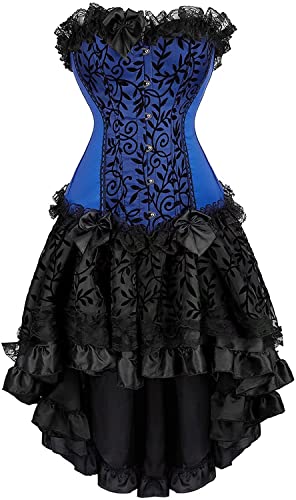 Corset Dress Korsett Kleid Korsage Damen Korsettkleid Rock Spitzen Gothic Retro Blue Schwarz 6XL von Josamogre