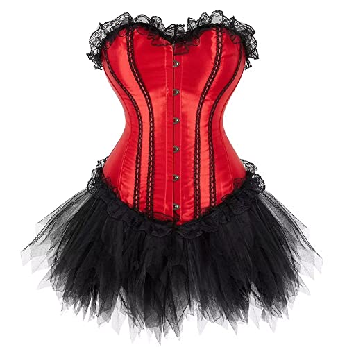 Josamogre Corset Dress Skirt Korsett Damen Kleider Rock Corsage Vollbrust Bustier Schnüren Korsagenkleid Elegant Sexy Gothic Vintage Halloween Rot S von Josamogre