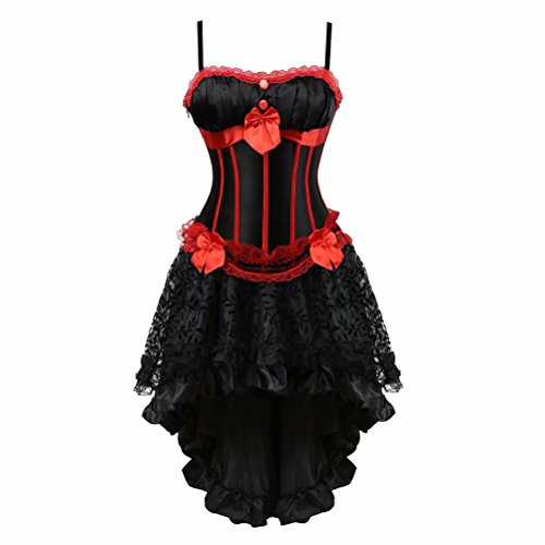 Josamogre Damen vollbrust corsage kleid Asymmetry viktorianisch bustier korsett mit träger strapse spitze burlesque gothic sexy Schwarz rot M von Josamogre