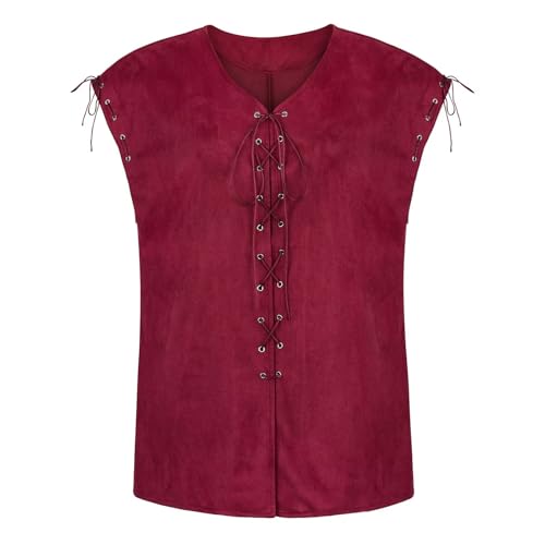 Josamogre Herren Renaissance Pirate Lace-up Weste Ärmellos Freizeit Mittelalter Kleidung Halloween Kostüm Gothic für Oktoberfest Weinrot M von Josamogre