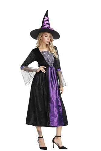 Josamogre Hexenkostüm Erwachsene Hexen kostüm lang edel mit Hut Damen Hexenkleid Fasching Halloween Cosplay Lila M von Josamogre