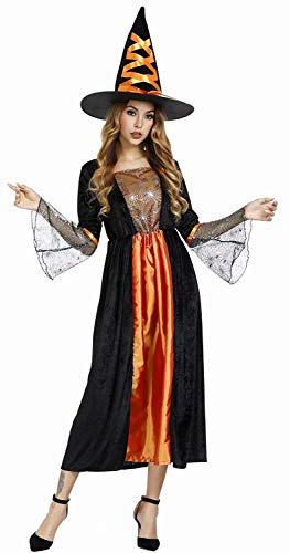 Josamogre Hexenkostüm Erwachsene Hexen kostüm lang edel mit Hut Damen Hexenkleid Fasching Halloween Cosplay Orange l von Josamogre