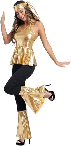 Josamogre Hippie Kleidung Kostüm Disco Outfit Top und Schlaghose Set 70er 80er 90er Übergröße Halloween Damen Erwachsene Party Golden M von Josamogre