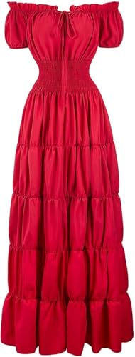 Josamogre Kleid Damen Maxi Dress Elegant Für Hochzeit Renaissance mit Trompetenärmel Bodenlang Party Frauen Kleidung Festlich Karneval Sommer Rot L von Josamogre