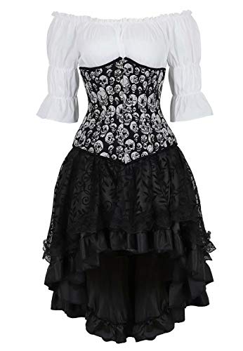 Josamogre Korsett Corsagenkleid Corsage Kleid elegant Kostüm Underbust Spitzenrock und Bluse für Karneval 3 teiliges Set Schwarz 3XL von Josamogre