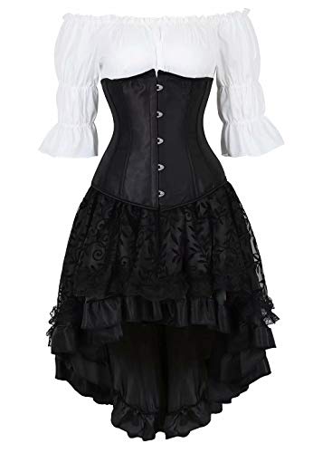 Josamogre Korsett Corsagenkleid Corsage Kleid elegant Kostüm Underbust Spitzenrock und Bluse für Karneval 3 teiliges Set Schwarz 6XL von Josamogre