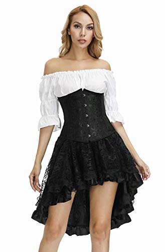 Josamogre Korsett Corsagenkleid Corsage Kleid elegant Kostüm Underbust Spitzenrock und Bluse für Karneval 3 teiliges Set Schwarz m von Josamogre