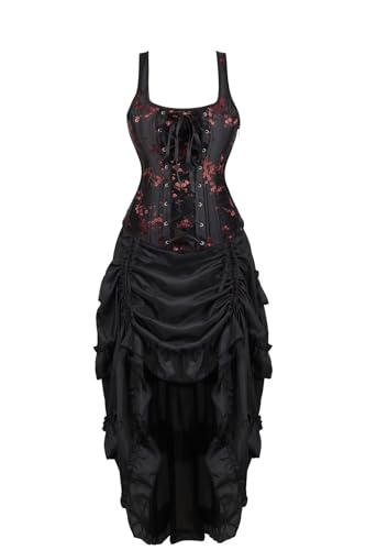 Josamogre Korsett Damen Corsagen Kleid Corsagenkleid Straps Reißverschluss Sexy Dornenrost Blumen Spitze Vintage Mittelalter Schwarz XL von Josamogre