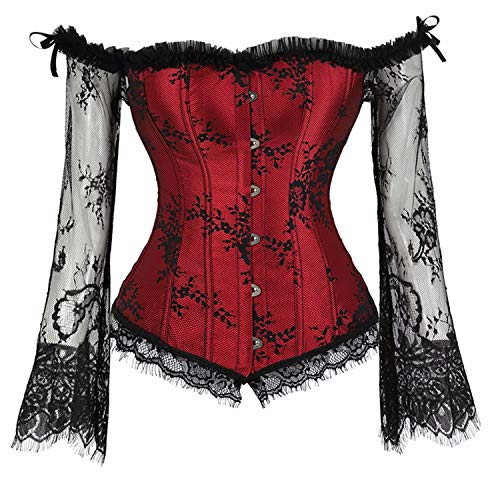 Josamogre Korsett Damen Corset Bustier Top Corsage Mit Ärmel Vintage Spitze Gothic Rot XL von Josamogre