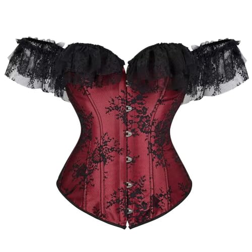 Josamogre Korsett Damen Corset Top Sexy Corsage Korsage Vollbrust Spitze Lace Ärmel Weg Von Der Schulter Vintage Halloween Große Größen Weinrot M von Josamogre