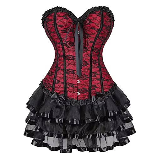 Josamogre Korsett Damen Kleid Rock Top Set Corsage Corset Dress Spitze Ärmel Corsagenkleid Vintage Sexy Halloween Kostüm Rot 2XL von Josamogre