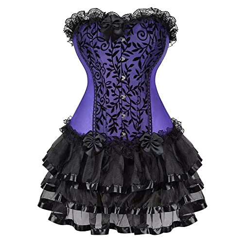 Josamogre Korsett Damen Kleid Rock Top Set Corsage Corset Dress Spitze Schnüren Corsagenkleid Vintage Sexy Halloween Violett M von Josamogre