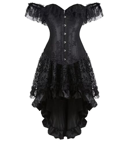 Josamogre Korsett Damen Kleid Set Sexy Corsage Corsagenkleid Corset Dress Vollbrust Spitze Lace Ärmel Weg Von Der Schulter Vintage Schwarz 2XL von Josamogre