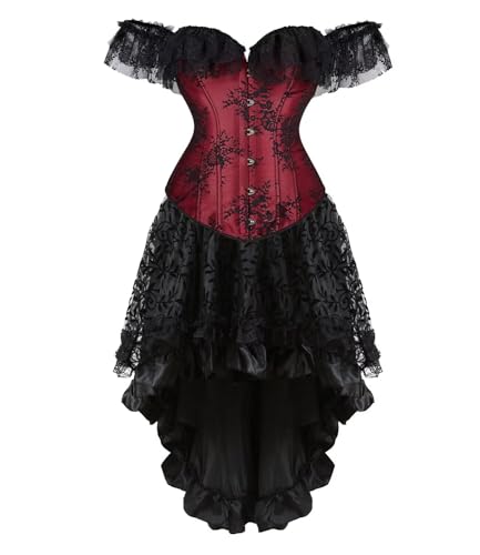 Josamogre Korsett Damen Kleid Sexy Corsage Corsagenkleid Vollbrust Spitze Lace Ärmel Weg Von Der Schulter Vintage Weinrot L von Josamogre