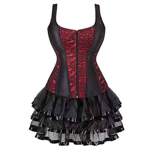 Josamogre Korsett Damen Kleider Rock Corsage Vollbrust Bustier Corset Dress Korsagenkleid Sexy Strapshalter Reißverschluss Gothic Vintage Rot 3XL von Josamogre