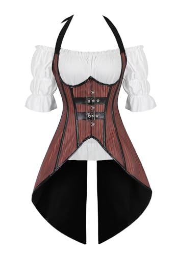Josamogre Korsett Damen Top Bluse Set Corset Unterbrust Long Steampunk Outfits für Frauen Exotic Gothic Piraten Mittelalter Karneval Braun S von Josamogre