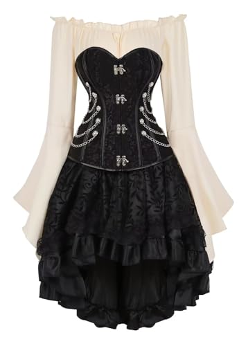 Josamogre Korsett Kleid 3 Set Steampunk Corsage Corset Dress Piraten Kostüm Spitzenrock und Bluse für Karneval Halloween Schwarz 6XL von Josamogre