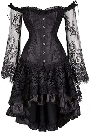 Josamogre Korsett Kleid Corset Dress Damen Corsage Korsettkleid Lange Ärmel Schnüren Vintage Sexy Gothic Schwarz L von Josamogre