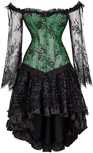 Josamogre Korsett Kleid Corsette Damen Corsage Korsettkleid Lange Ärmel Schnüren Vintage Sexy Gothic Grün 6XL von Josamogre