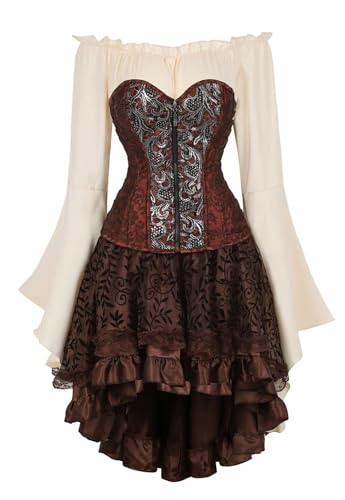 Josamogre Korsett Kleid Damen 3 Set Piraten Rock Corsage Bustier Steampunk Corsagenkleid Vintage Retro Gothic Braun 3XL von Josamogre