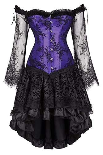 Josamogre Korsett Kleid Damen Corsage Corsagenkleid Corset Dress Lange Ärmel Schnüren Vintage Sexy Gothic Violett L von Josamogre