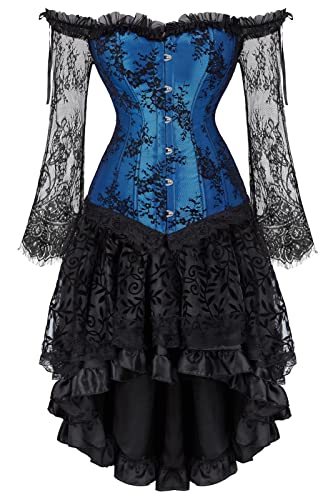 Josamogre Korsett Kleid Damen Corsage Korsage Korsettkleid Lange Ärmel Schnüren Vintage Sexy Gothic Frauen Blau 5XL von Josamogre