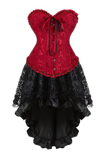Josamogre Korsett Kleid Damen Corsage Set Bustier Corsets Dress Korsettkleid Blumen Gothic Burlesque Weinrot 2XL von Josamogre