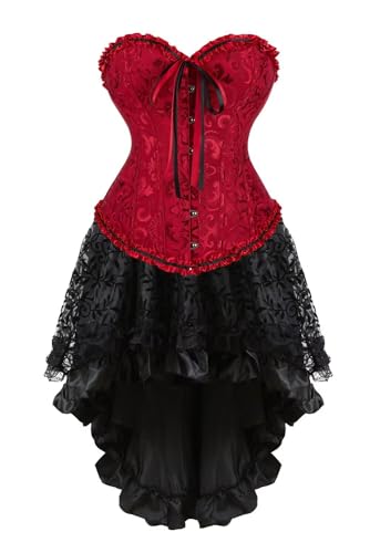 Josamogre Korsett Kleid Damen Corsage Set Bustier Corsets Dress Korsettkleid Blumen Gothic Burlesque Weinrot 6XL von Josamogre