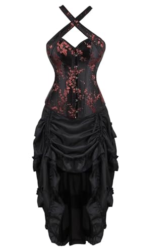 Josamogre Korsett Kleid Damen Corsagen Corset Korsettkleid Straps Reißverschluss Sexy Dornenrost Blumen Spitze Vintage Mittelalter Schwarz XL von Josamogre