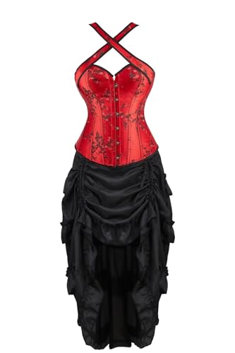 Josamogre Korsett Kleid Damen Corsagen Korsettkleid Straps Reißverschluss Sexy Dornenrost Blumen Spitze Vintage Mittelalter Karneval Rot L von Josamogre