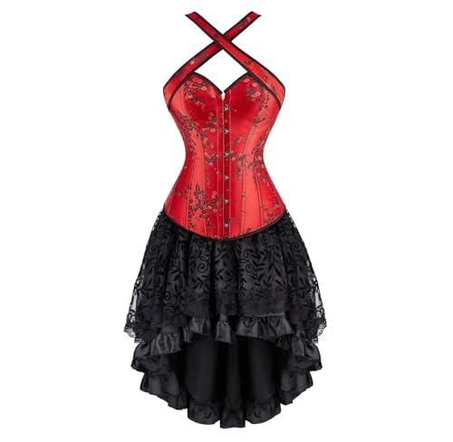 Josamogre Korsett Kleid Damen Corsagen Vollbrust Corset Dress Strapshalter Reißverschluss Sexy Dornenrost Blumen Spitze Vintage Rot L von Josamogre