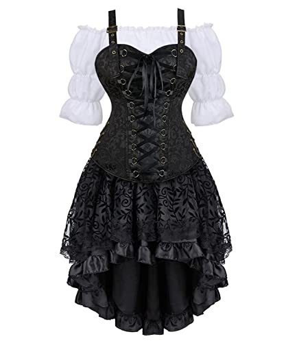 Josamogre Korsett Kleid Damen Halloween Rock 3 Set Steampunk Corsage mit Strapsen Spitze Corset Dress Bustier Corsagenkleid Kostüm Piraten Schwarz 3XL von Josamogre