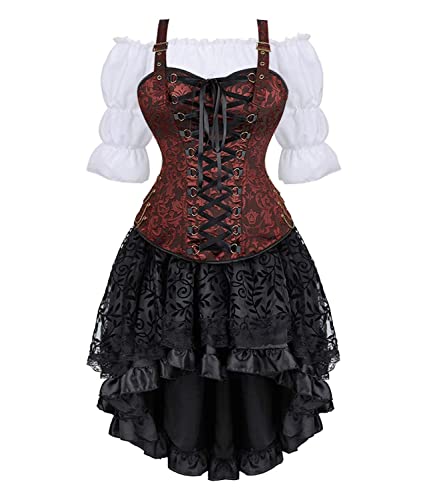 Josamogre Korsett Kleid Damen Rock 3 Set Steampunk Corsage mit Strapsen Spitze Corset Dress Bustier Korsagenkleid Kostüm Piraten Halloween Braun 4XL von Josamogre