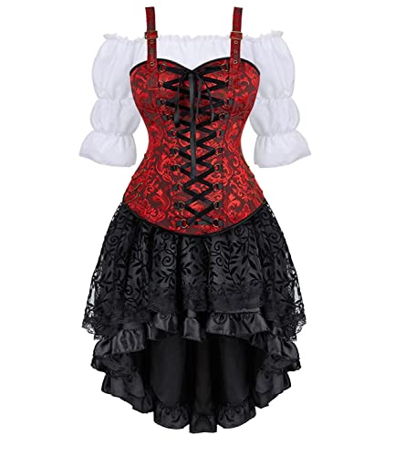 Josamogre Korsett Kleid Damen Rock 3 Set Steampunk Corsage mit Strapsen Spitze Corset Dress Bustier Korsagenkleid Kostüm Piraten Halloween Rot M von Josamogre