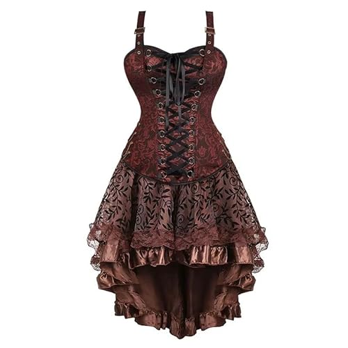 Josamogre Korsett Kleid Damen Rock Set Steampunk Corsage mit Strapsen Spitze Corset Dress Bustier Korsagenkleid Kostüm Piraten Halloween Braun 2XL von Josamogre