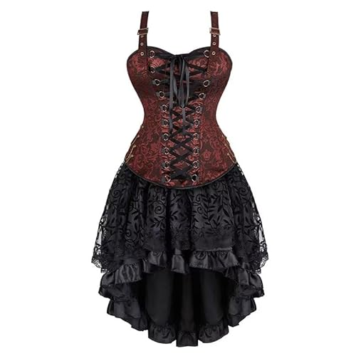 Josamogre Korsett Kleid Damen Rock Set Steampunk Corsage mit Strapsen Spitze Corset Dress Bustier Korsagenkleid Kostüm Piraten Halloween Braun 2XL von Josamogre