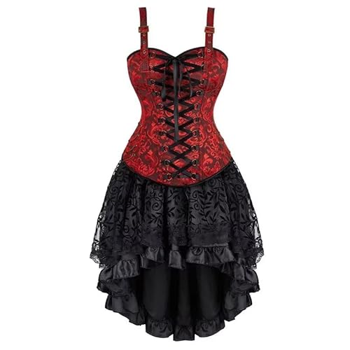 Josamogre Korsett Kleid Damen Rock Set Steampunk Corsage mit Strapsen Spitze Corset Dress Bustier Korsagenkleid Kostüm Piraten Halloween Rot 3XL von Josamogre